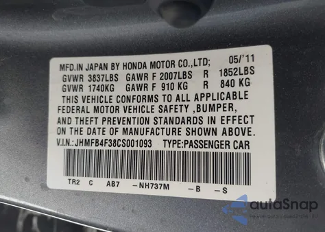2012 Honda Civic Hybrid from USA, damaged, VIN JHMFB4F38CS001093